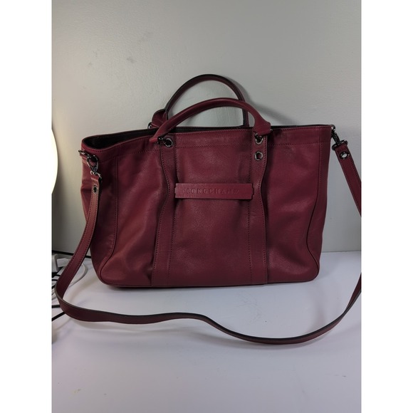 Longchamp 3D Logo Leather 2Way Tote Shoulder Bag Red